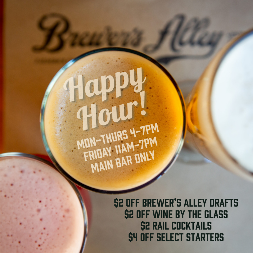 Three glasses of beer viewed from above sit on a bar menu. Text on the image advertises happy hour specials at Brewer’s Alley, including discounted drinks and starters, with specified days and times.